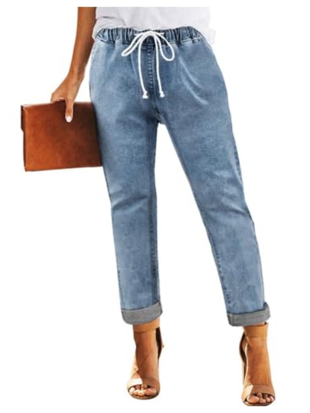 Women's Stretch Pull-On Denim Jeans Elastic Waist Drawstring Joggers Straight